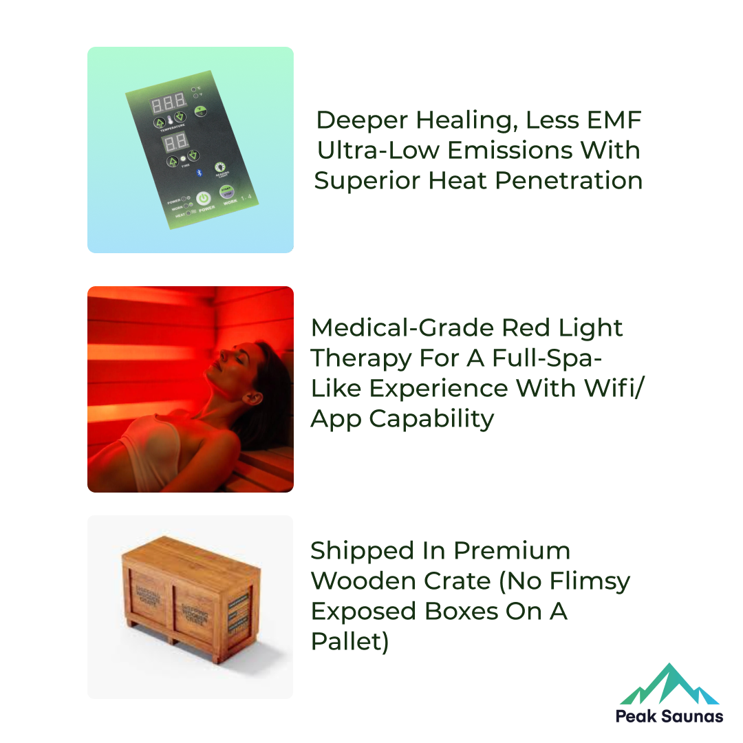Peak Saunas Shasta 1-Person Full Spectrum Infrared Sauna with XL Medical-Grade Red Light Therapy & Smart WiFi App Control - Nuvé