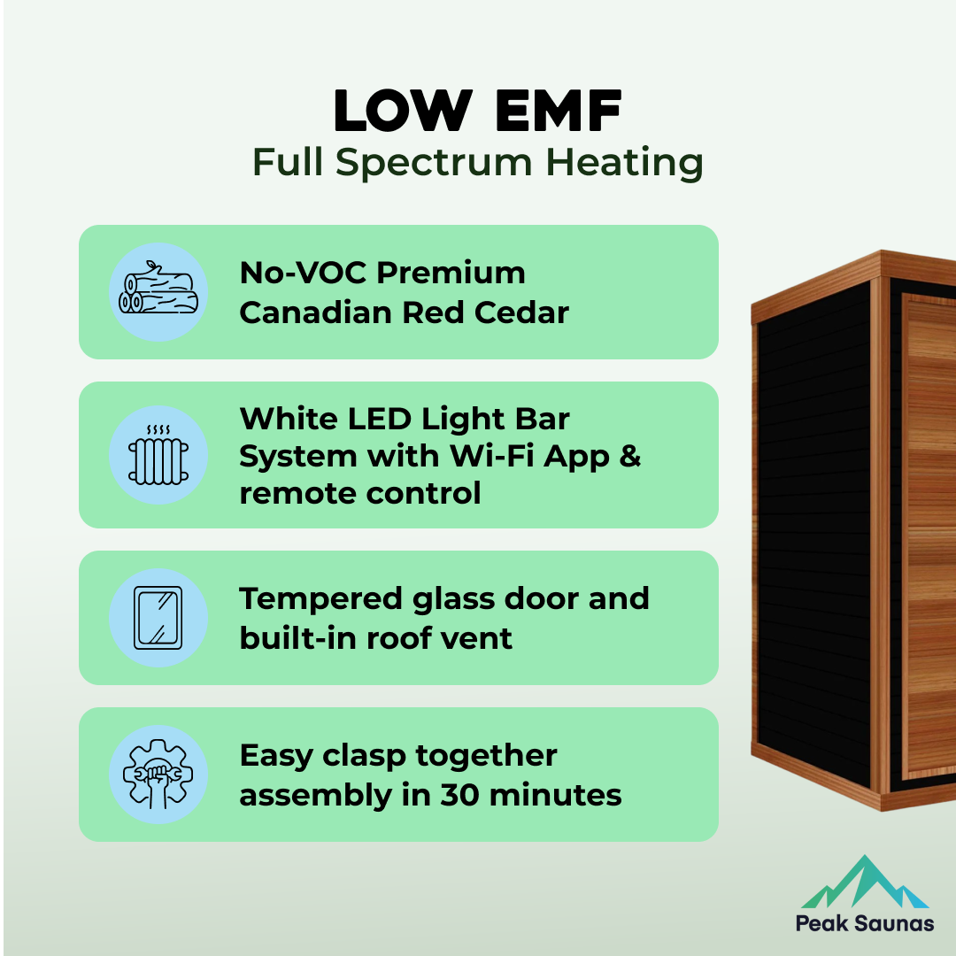 Peak Saunas Fuji 2-Person Full Spectrum Infrared Sauna with XL Medical-Grade Red Light Therapy & Smart WiFi App Control - Nuvé