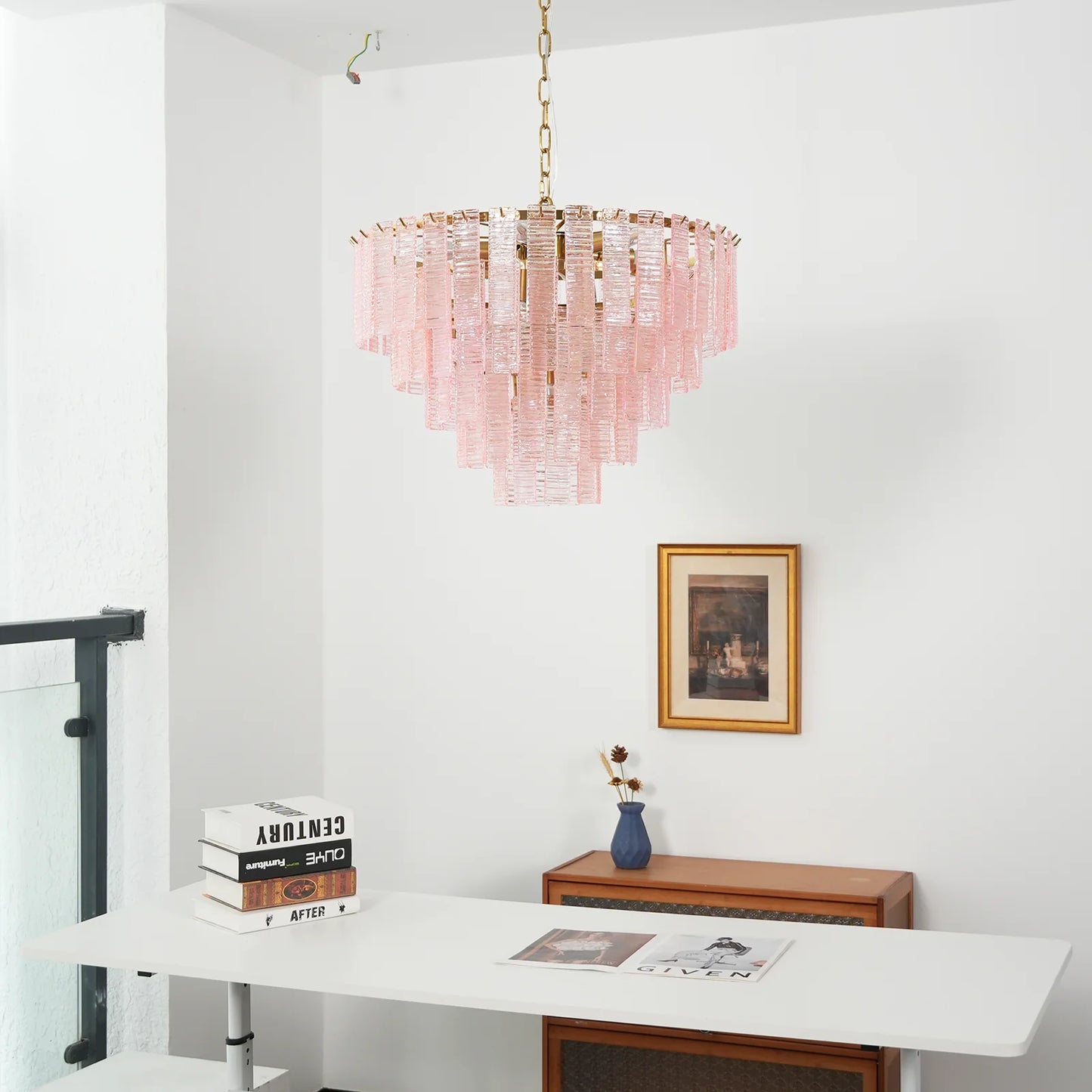 Pink Ridged Glass Rectangle Chandelier - Nuvé