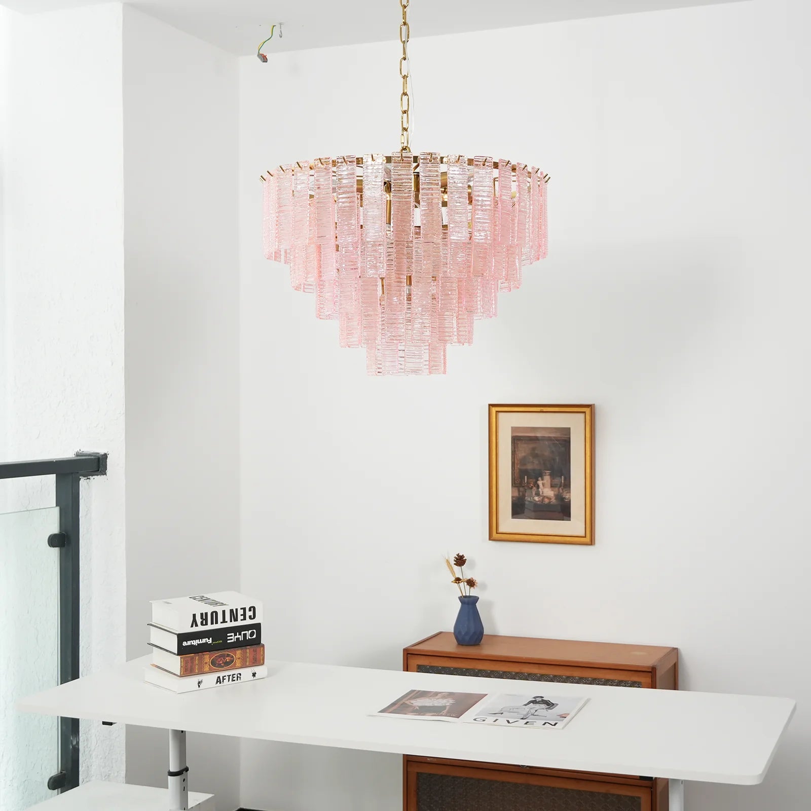Pink Ridged Glass Rectangle Chandelier - Nuvé