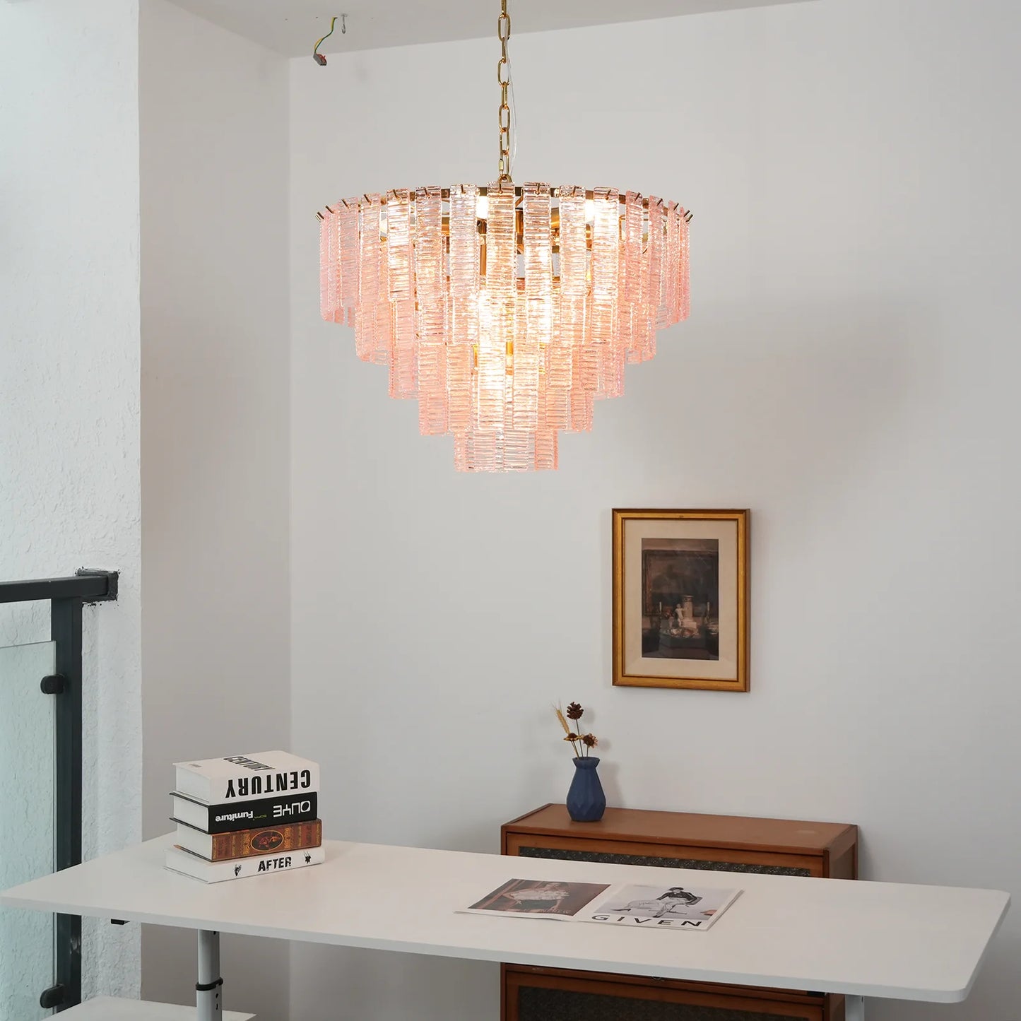 Pink Ridged Glass Rectangle Chandelier - Nuvé