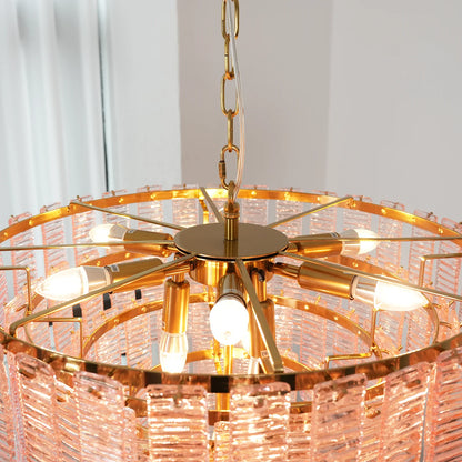 Pink Ridged Glass Rectangle Chandelier