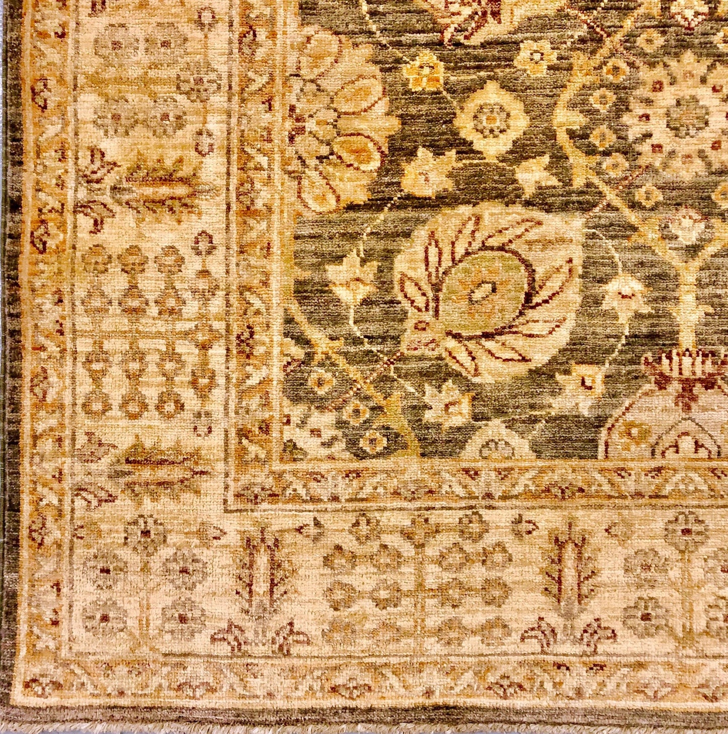 Kirishian Rugs OneKind Chobi-Cypress 4x12 runner with green and gold intricate floral design on woven fabric