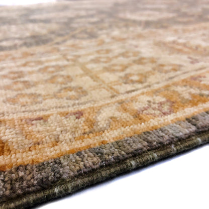 Kirishian Rugs OneKind Chobi-Cypress green and gold 4'x12' runner rug with intricate pattern and soft texture.