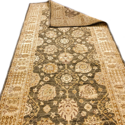 Kirishian Rugs OneKind Chobi-Cypress 4x12 runner rug in green and gold with intricate patterns and traditional design.