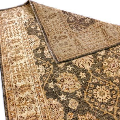 Kirishian Rugs OneKind Chobi-Cypress 4x12 runner with green and gold intricate geometric pattern on woven rug.