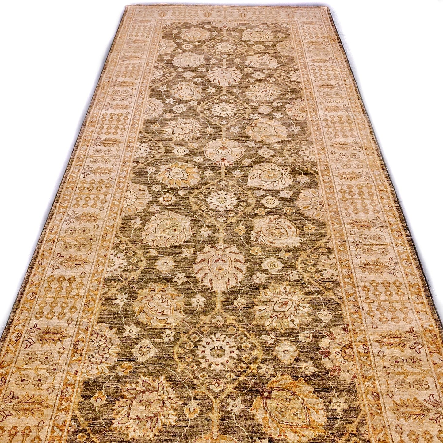 Kirishian Rugs OneKind Chobi-Cypress 4x12 green and gold runner rug with intricate pattern and vibrant colors.