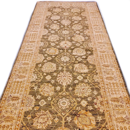 Kirishian Rugs OneKind Chobi-Cypress 4x12 green and gold runner rug with intricate pattern and vibrant colors.