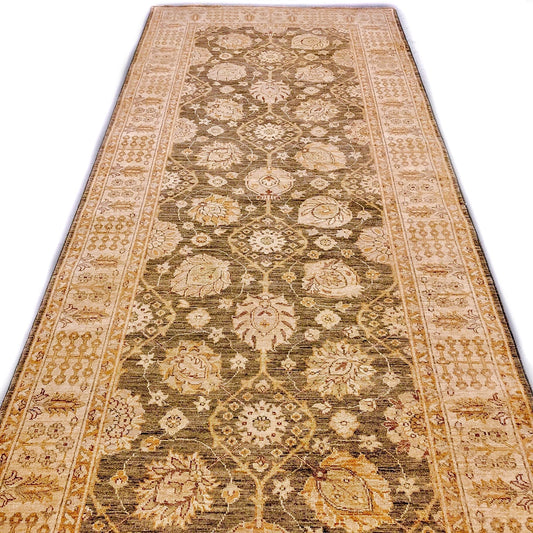 Kirishian Rugs OneKind Chobi-Cypress 4x12 green and gold runner rug with intricate pattern and vibrant colors.