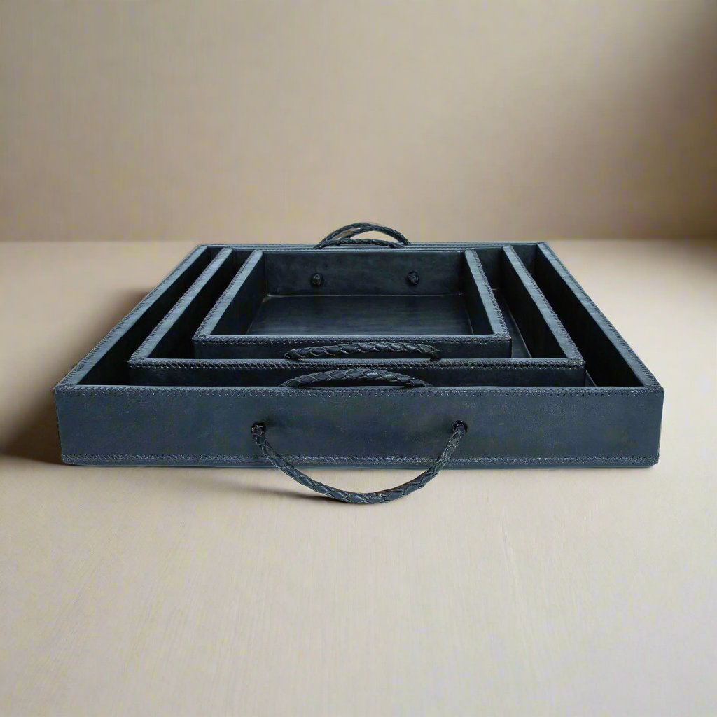 Rosado | Cedar Wood + Leather Ottoman Tray Set with Embroidered Handles - Nuvé