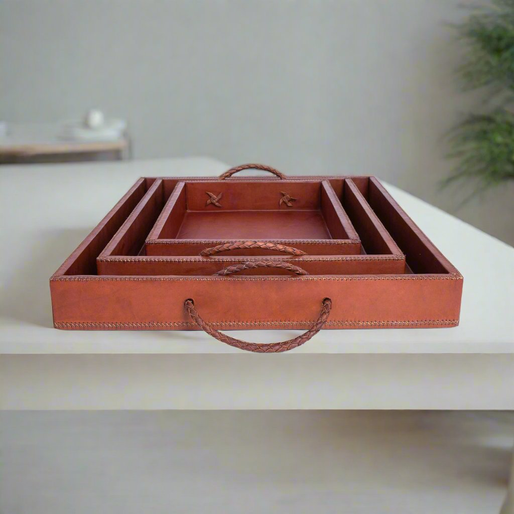 Rosado | Cedar Wood + Leather Ottoman Tray Set with Embroidered Handles - Nuvé