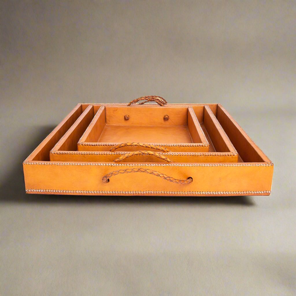 Rosado | Cedar Wood + Leather Ottoman Tray Set with Embroidered Handles - Nuvé