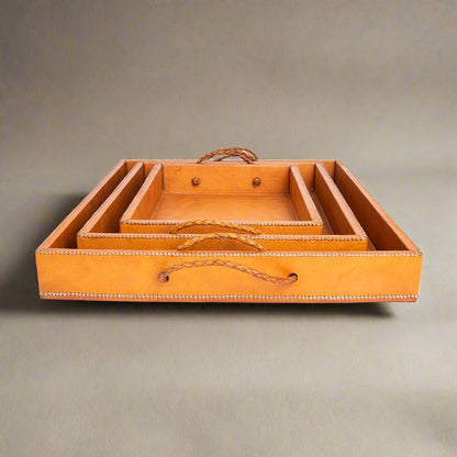 Rosado | Cedar Wood + Leather Ottoman Tray Set with Embroidered Handles - Nuvé