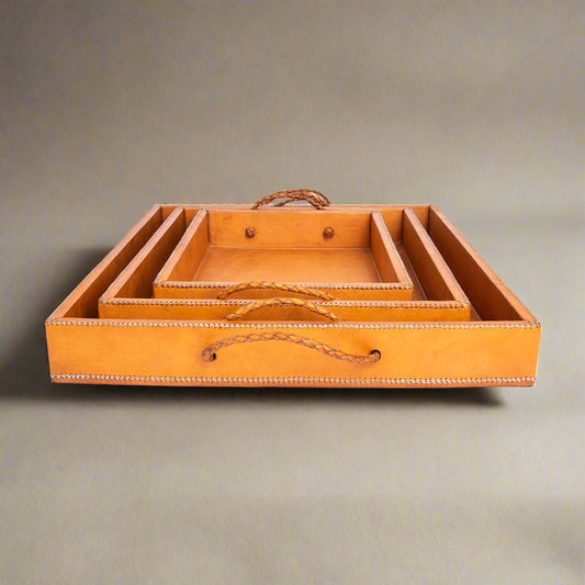 Rosado | Cedar Wood + Leather Ottoman Tray Set with Embroidered Handles - Nuvé