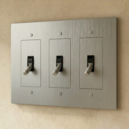 Stainless steel brass toggle switch by Residence Supply, 1 to 5 gang, shown on plain background with metal toggle and mounting plate.