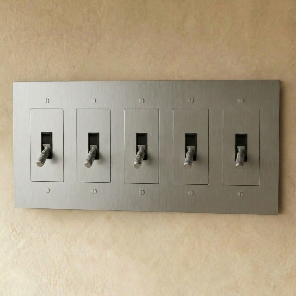 Stainless steel brass toggle switch by Residence Supply, 1 to 5 gang, shown on plain background with toggle lever and mounting plate