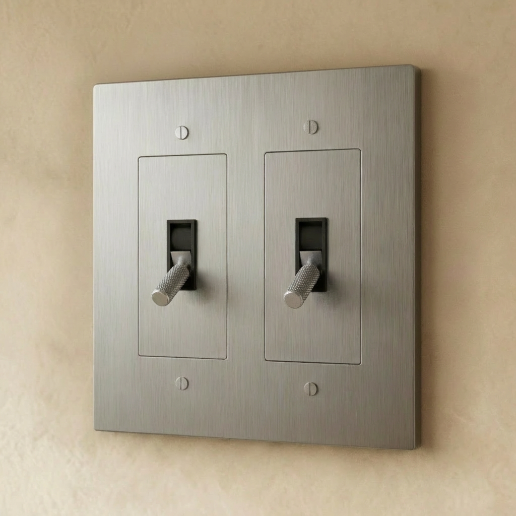 Stainless steel brass toggle switch by Residence Supply, 1 to 5 gang, shown on plain background with multiple switch positions.