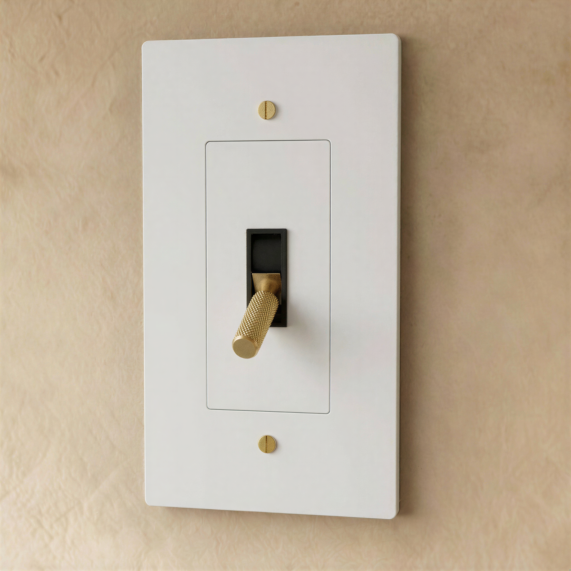 White and brass Residence Supply toggle switch with 1 to 5 gang options, shown on plain background.