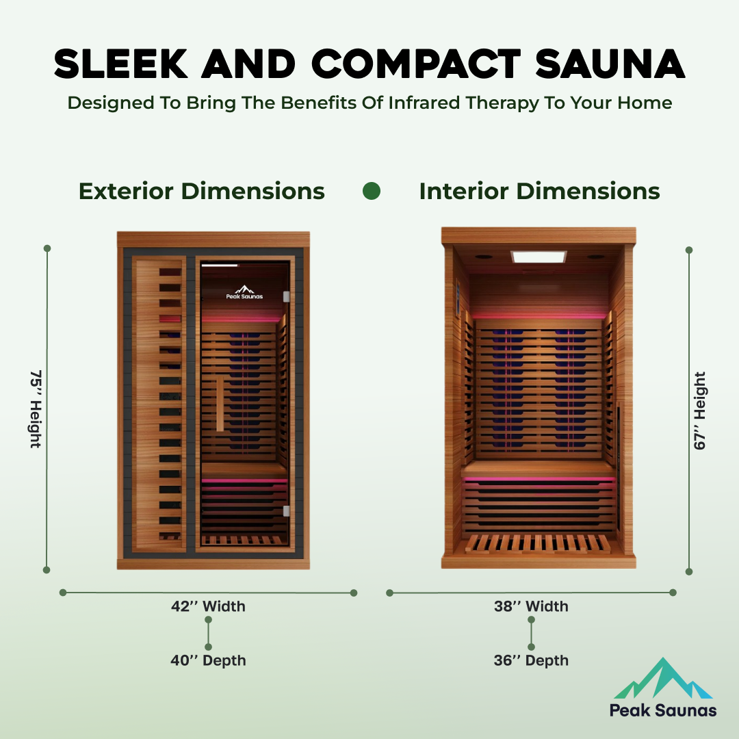 Peak Saunas Rainier 1-Person Full Spectrum Infrared Sauna with XL Medical-Grade Red Light Therapy & Smart WiFi App Control - Nuvé