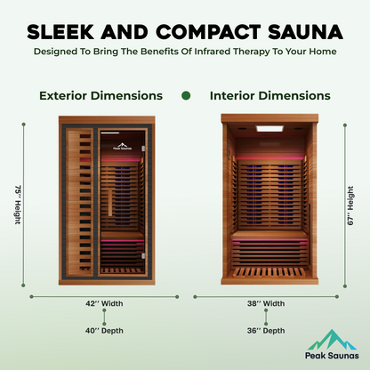 Peak Saunas Rainier 1-Person Full Spectrum Infrared Sauna with XL Medical-Grade Red Light Therapy & Smart WiFi App Control - Nuvé