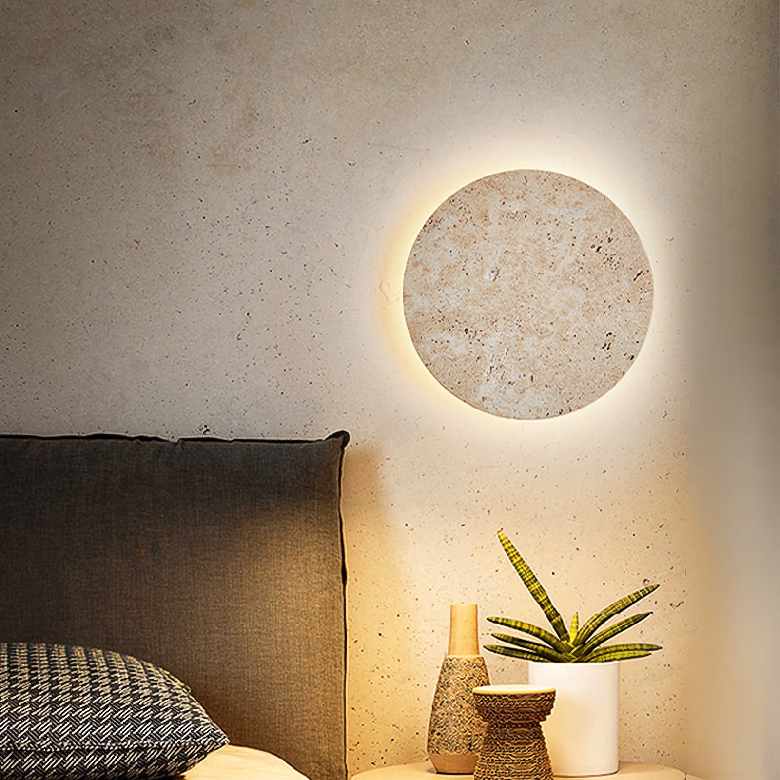 Yellow travertine round wall lamp by korewolamp, showcasing a smooth stone finish and modern wall-mounted design.