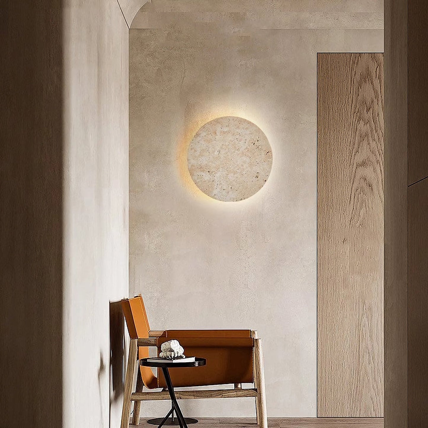 Yellow travertine round wall lamp by Korewolamp, showcasing a textured stone surface and modern wall-mounted design.
