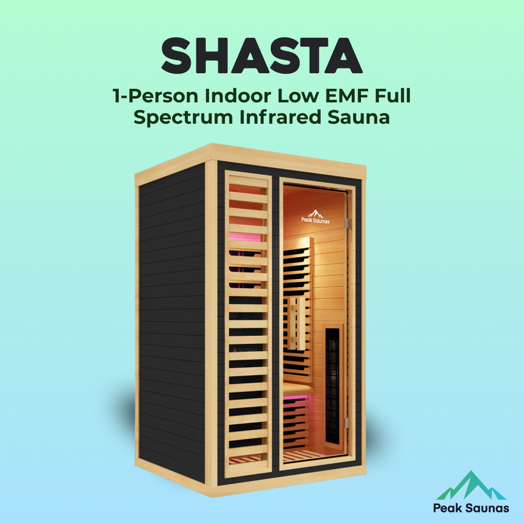 Peak Saunas Shasta 1-Person Full Spectrum Infrared Sauna with XL Medical-Grade Red Light Therapy & Smart WiFi App Control - Nuvé