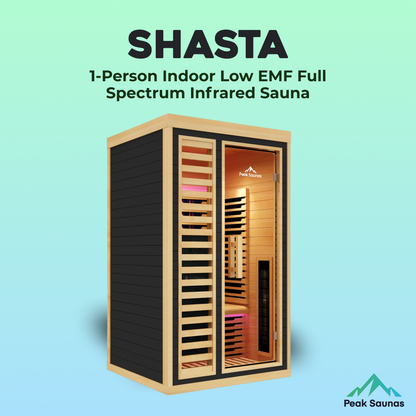Peak Saunas Shasta 1-Person Full Spectrum Infrared Sauna with XL Medical-Grade Red Light Therapy & Smart WiFi App Control - Nuvé