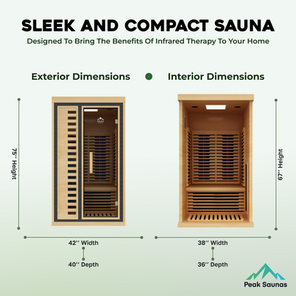 Peak Saunas Shasta 1-Person Full Spectrum Infrared Sauna with XL Medical-Grade Red Light Therapy & Smart WiFi App Control - Nuvé