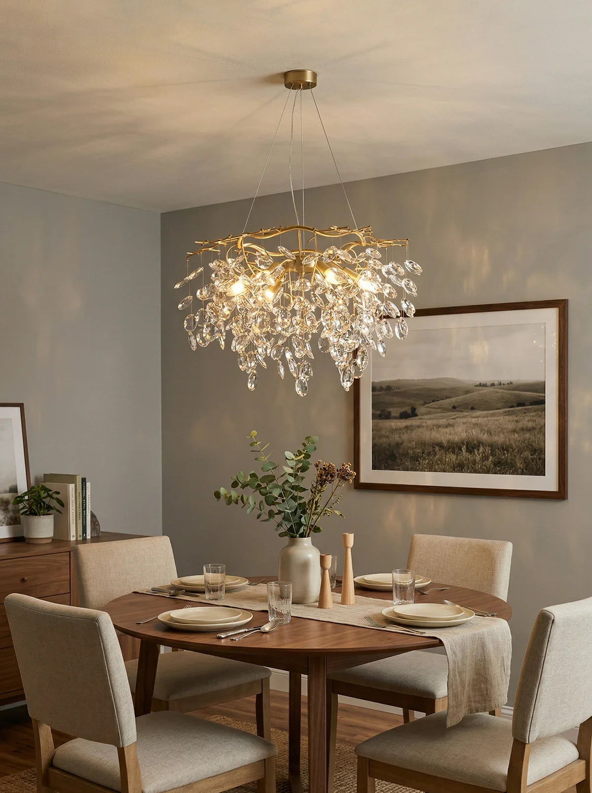 Elegant Sofia Crystal Chandelier by korewolamp with sparkling crystal details and intricate metal frame, hanging light fixture.