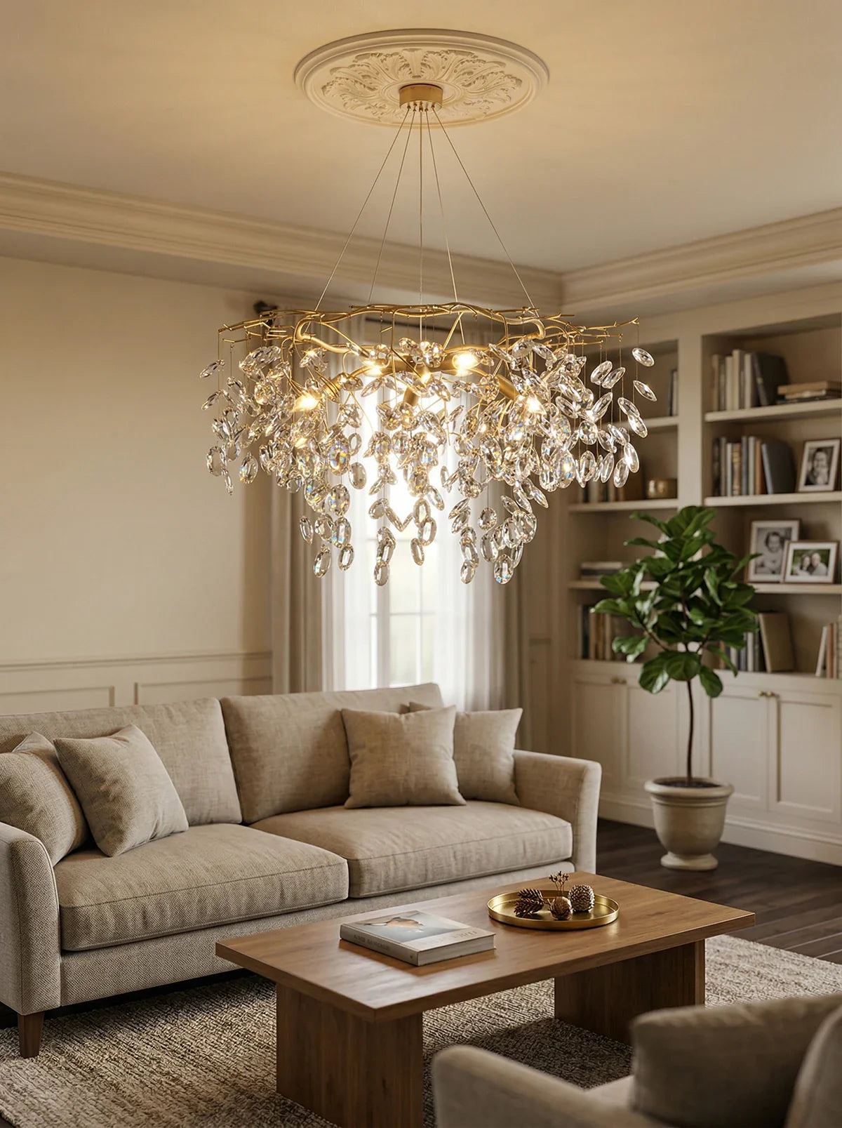 Elegant Sofia Crystal Chandelier by korewolamp with cascading crystal prisms and ornate metal frame for luxurious lighting.