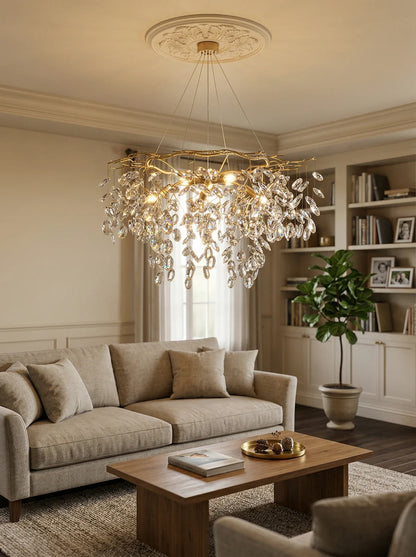 Elegant Sofia Crystal Chandelier by korewolamp with cascading crystal prisms and ornate metal frame for luxurious lighting.