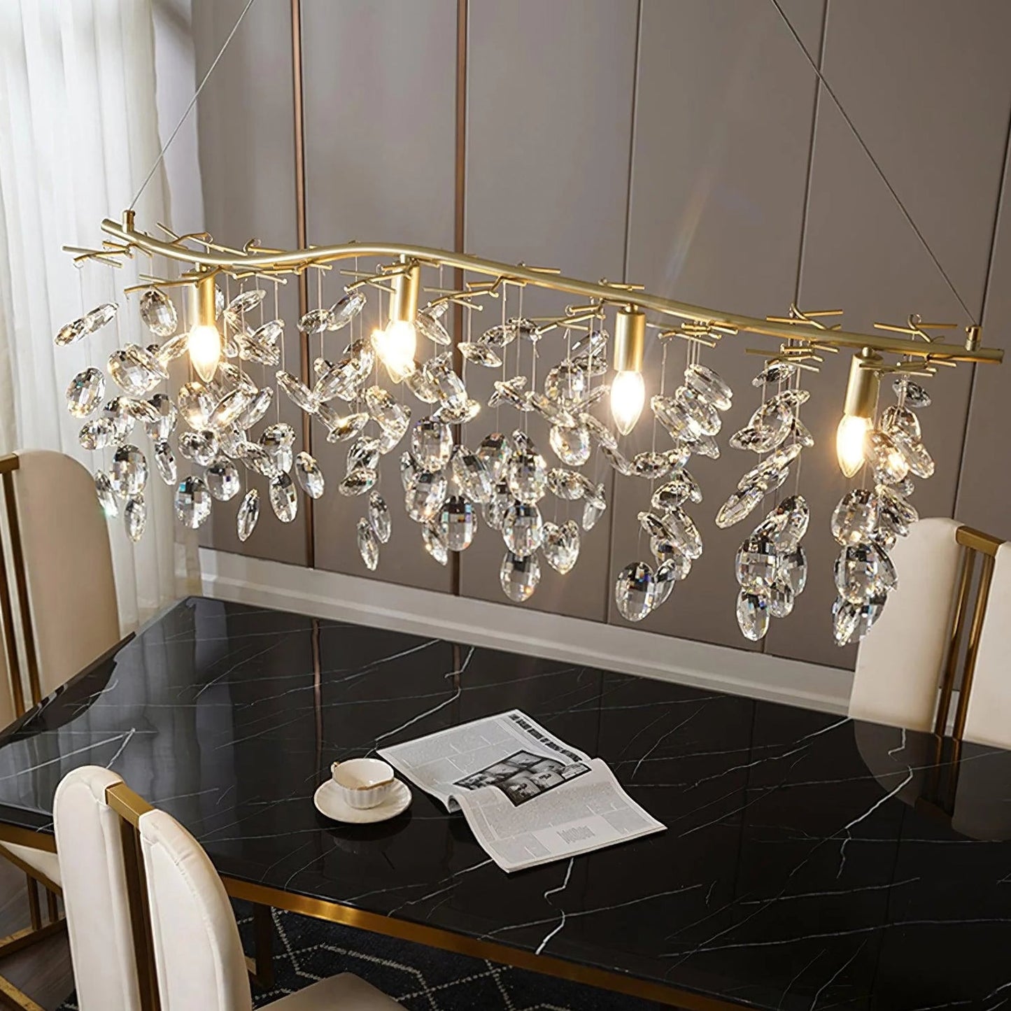 Korewolamp Sofia Crystal Chandelier with hanging crystal accents and elegant design, showcasing multiple light bulbs and ornate details.