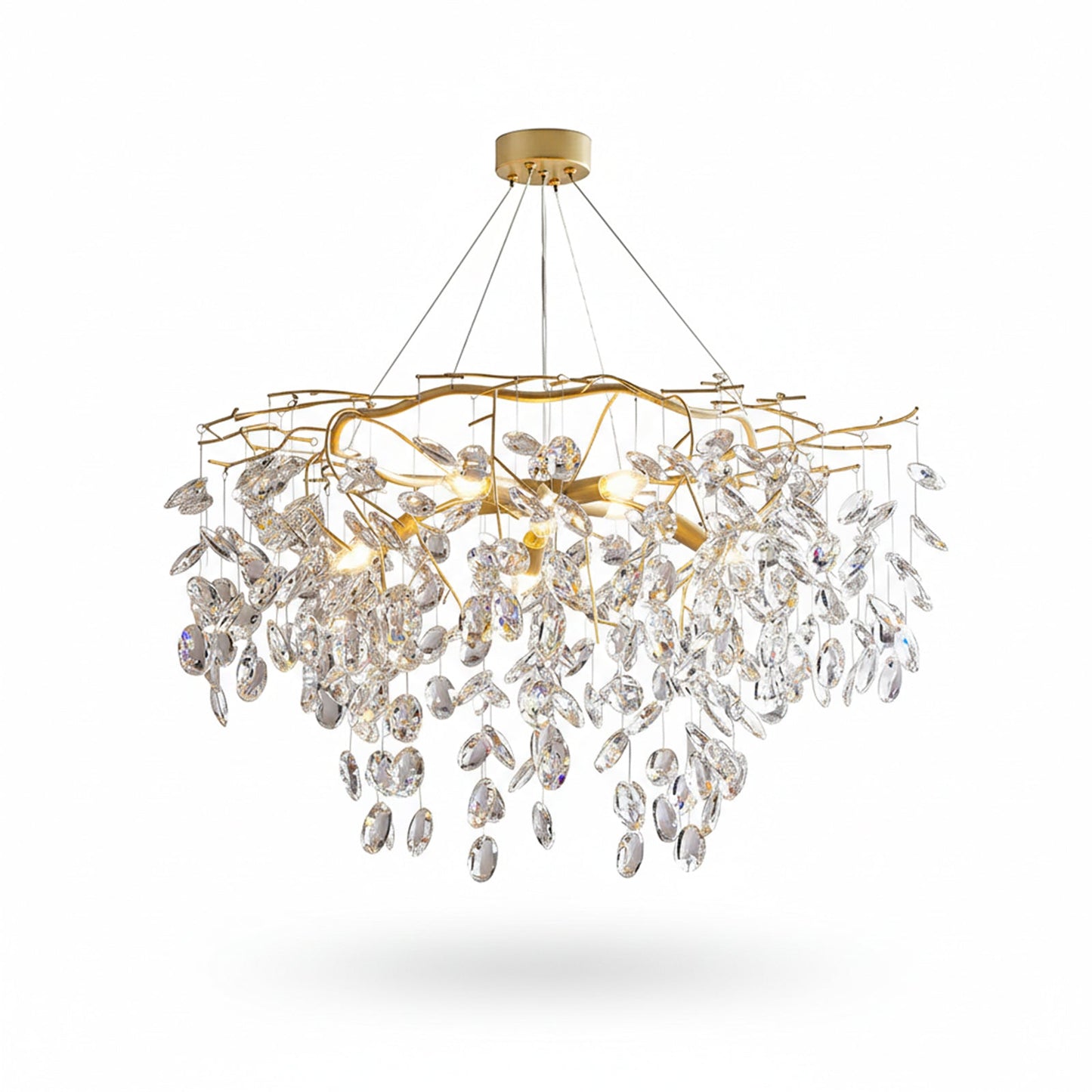 Korewolamp Sofia Crystal Chandelier with sparkling crystal drops and elegant metal frame hanging from ceiling.