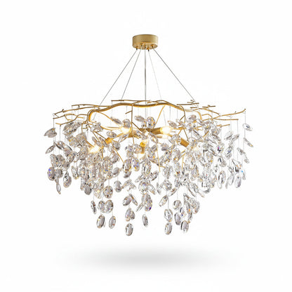 Korewolamp Sofia Crystal Chandelier with sparkling crystal drops and elegant metal frame hanging from ceiling.