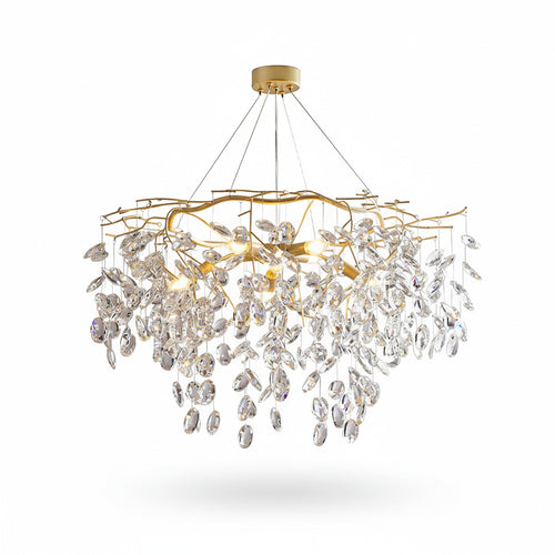 Korewolamp Sofia Crystal Chandelier with sparkling crystal drops and elegant metal frame hanging from ceiling.