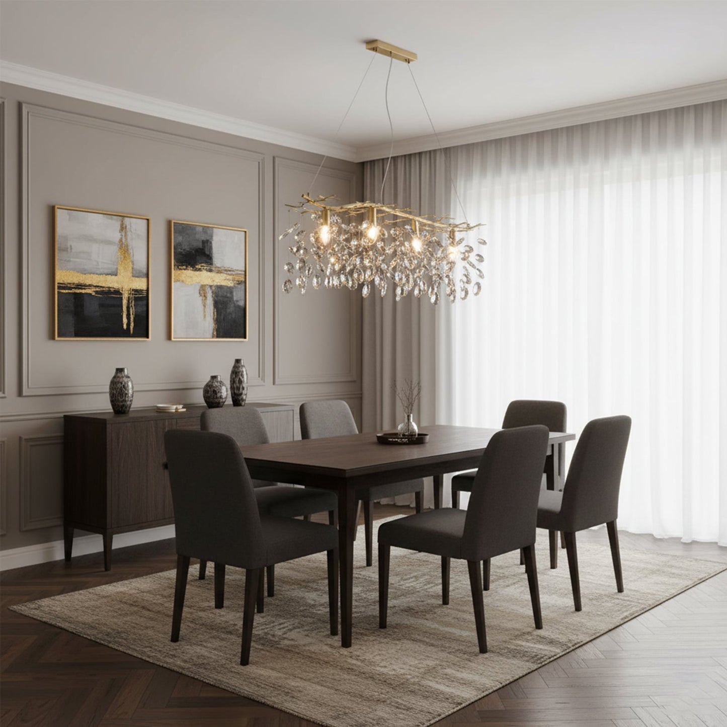 Korewolamp Sofia crystal chandelier with multiple hanging glass prisms and elegant metal frame, showcasing a luxurious lighting fixture.