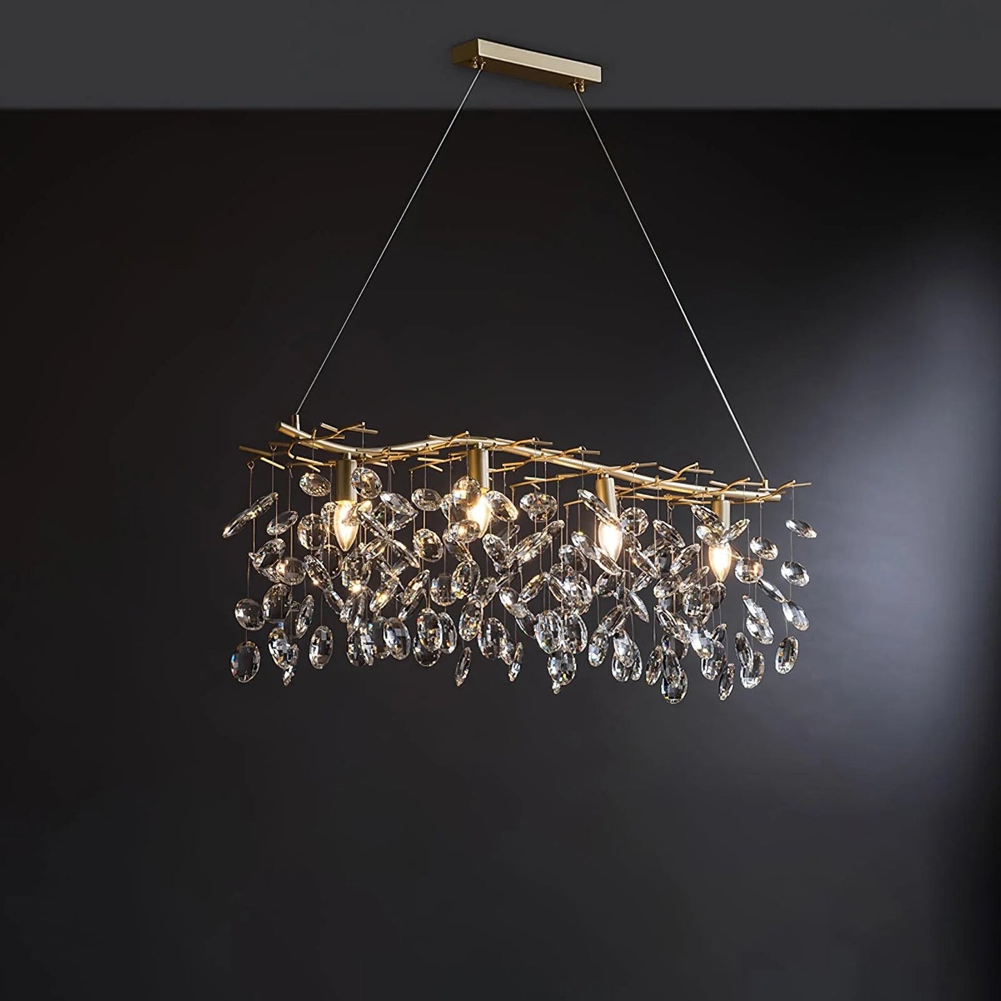 Korewolamp Sofia Crystal Chandelier with cascading crystal strands and elegant design, hanging from a ceiling fixture.