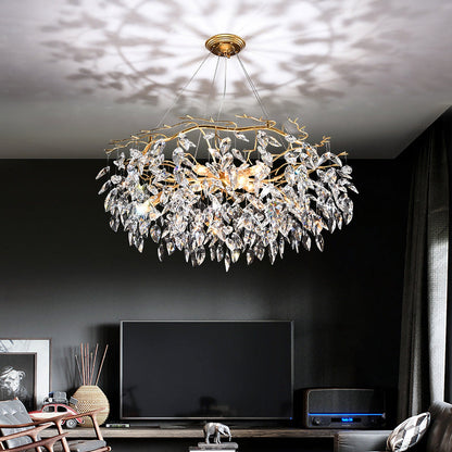 Korewolamp Sofia Crystal Chandelier with multiple hanging crystal prisms and elegant metal frame, showcasing intricate design and illumination.