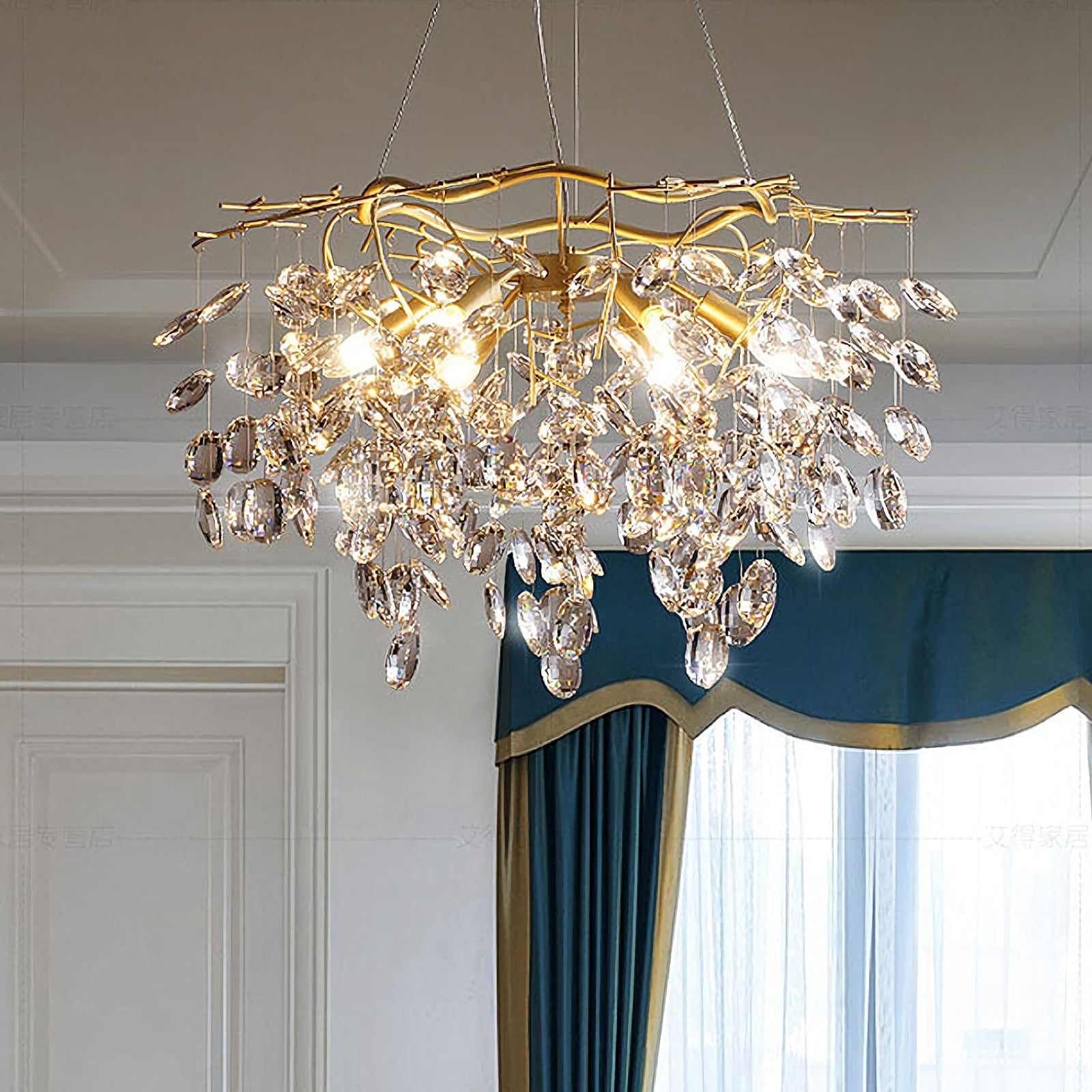 Korewolamp Sofia Crystal Chandelier with sparkling crystals and elegant design, hanging from a ceiling with intricate detailing.