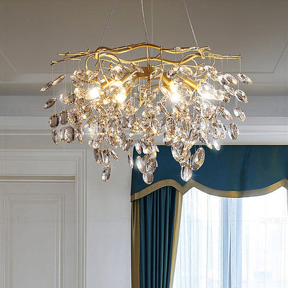 Korewolamp Sofia Crystal Chandelier with sparkling crystals and elegant design, hanging from a ceiling with intricate detailing.