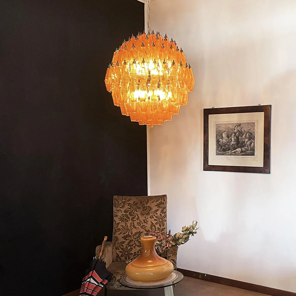 Spherical Murano Poliedri Amber Glass Chandelier - Nuvé