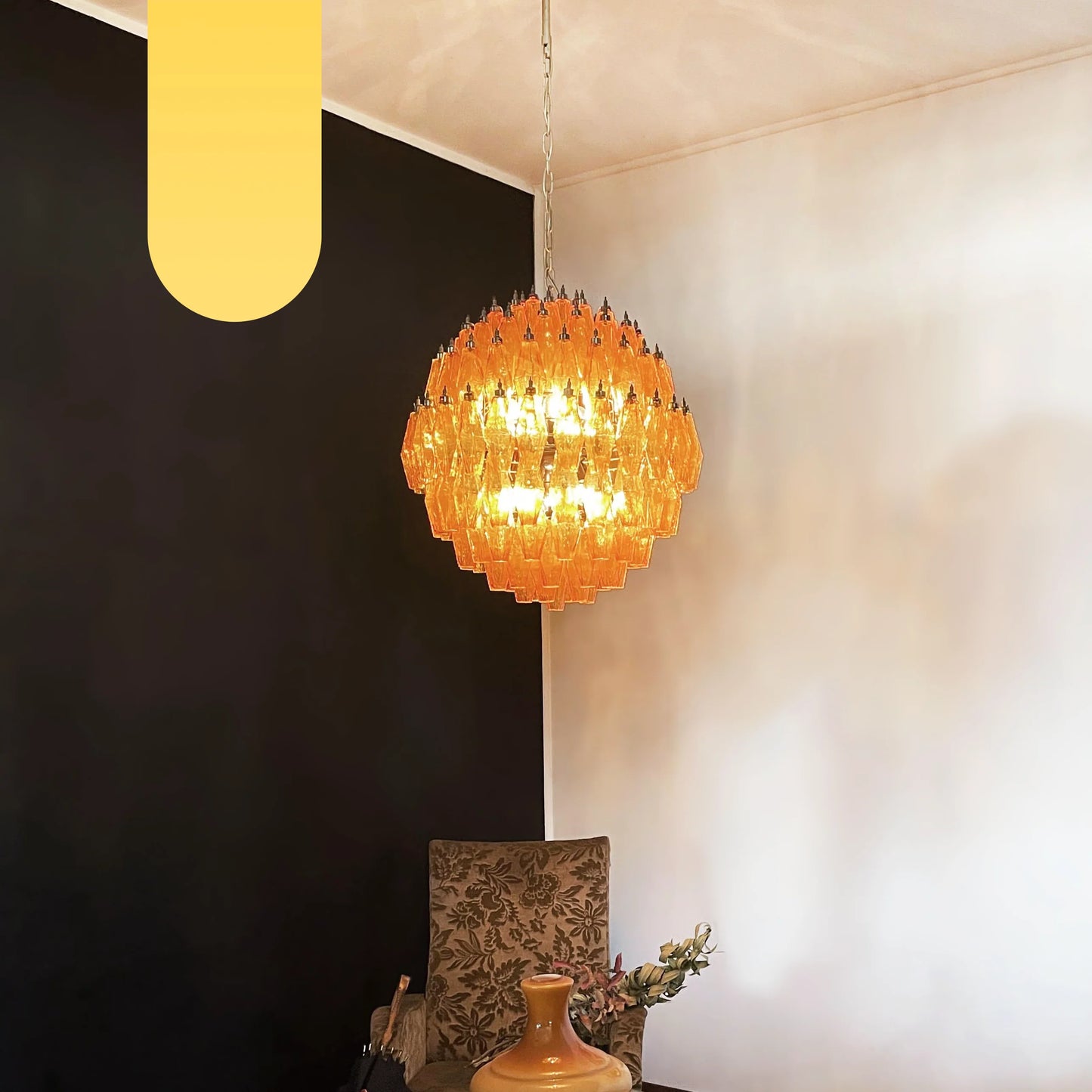 Spherical Murano Poliedri Amber Glass Chandelier - Nuvé