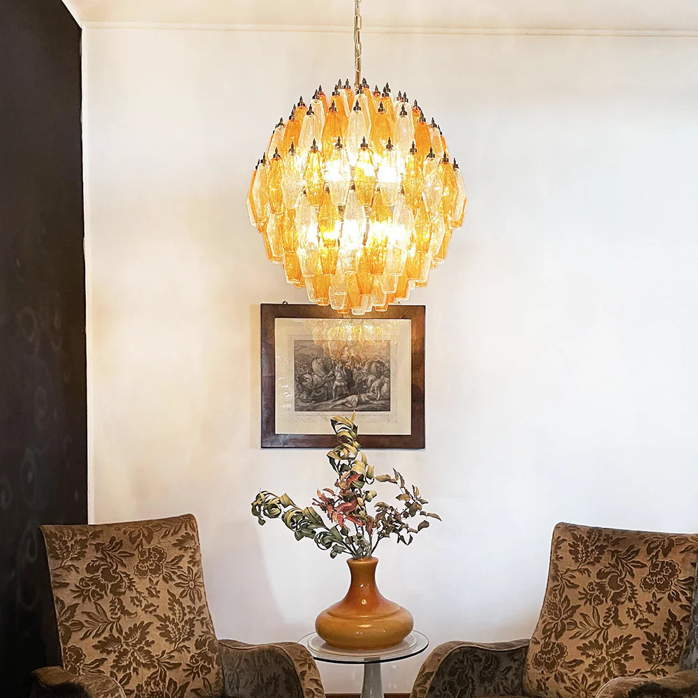 Spherical Murano Poliedri Amber Transparent Glass Chandelier - Nuvé