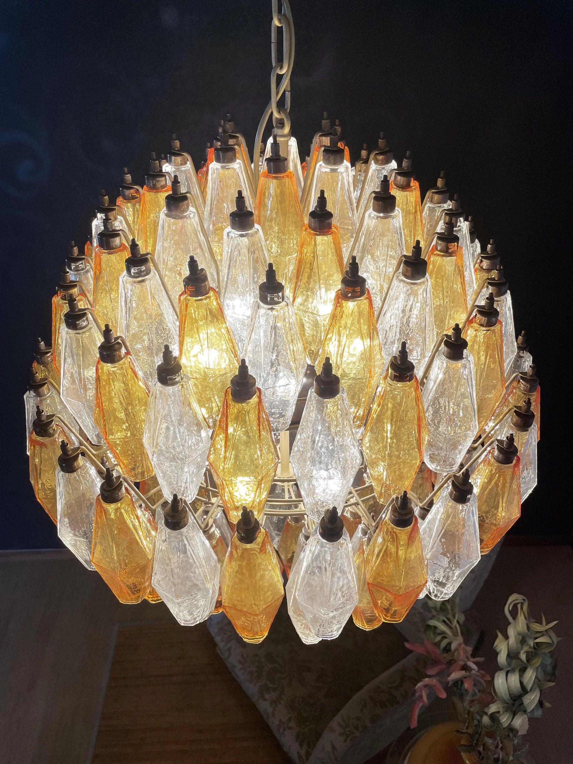 Spherical Murano Poliedri Amber Transparent Glass Chandelier - Nuvé