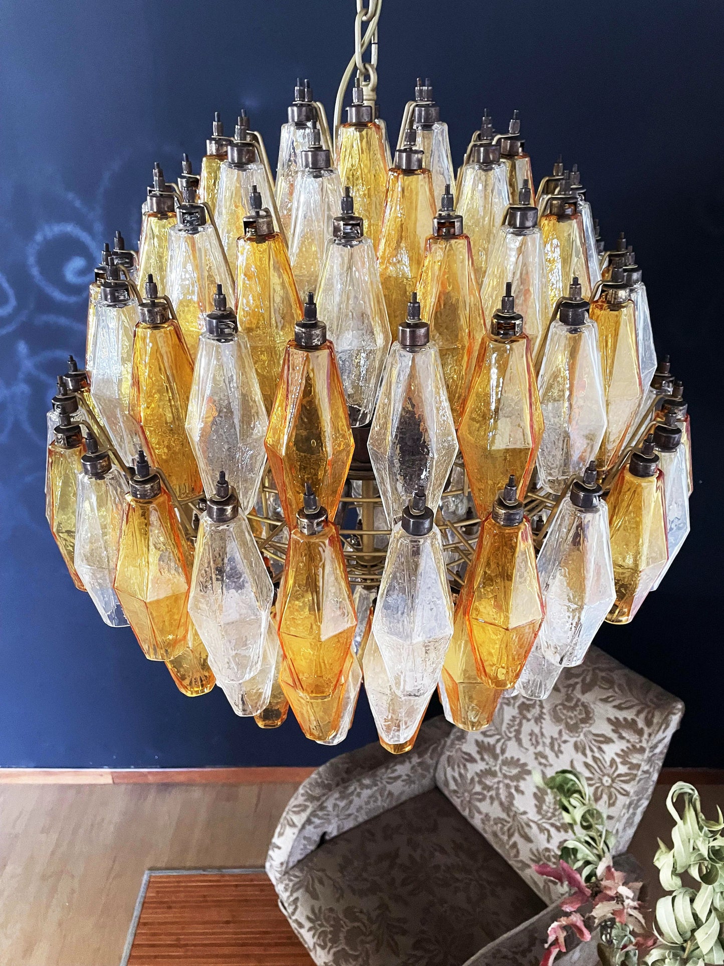 Spherical Murano Poliedri Amber Transparent Glass Chandelier - Nuvé