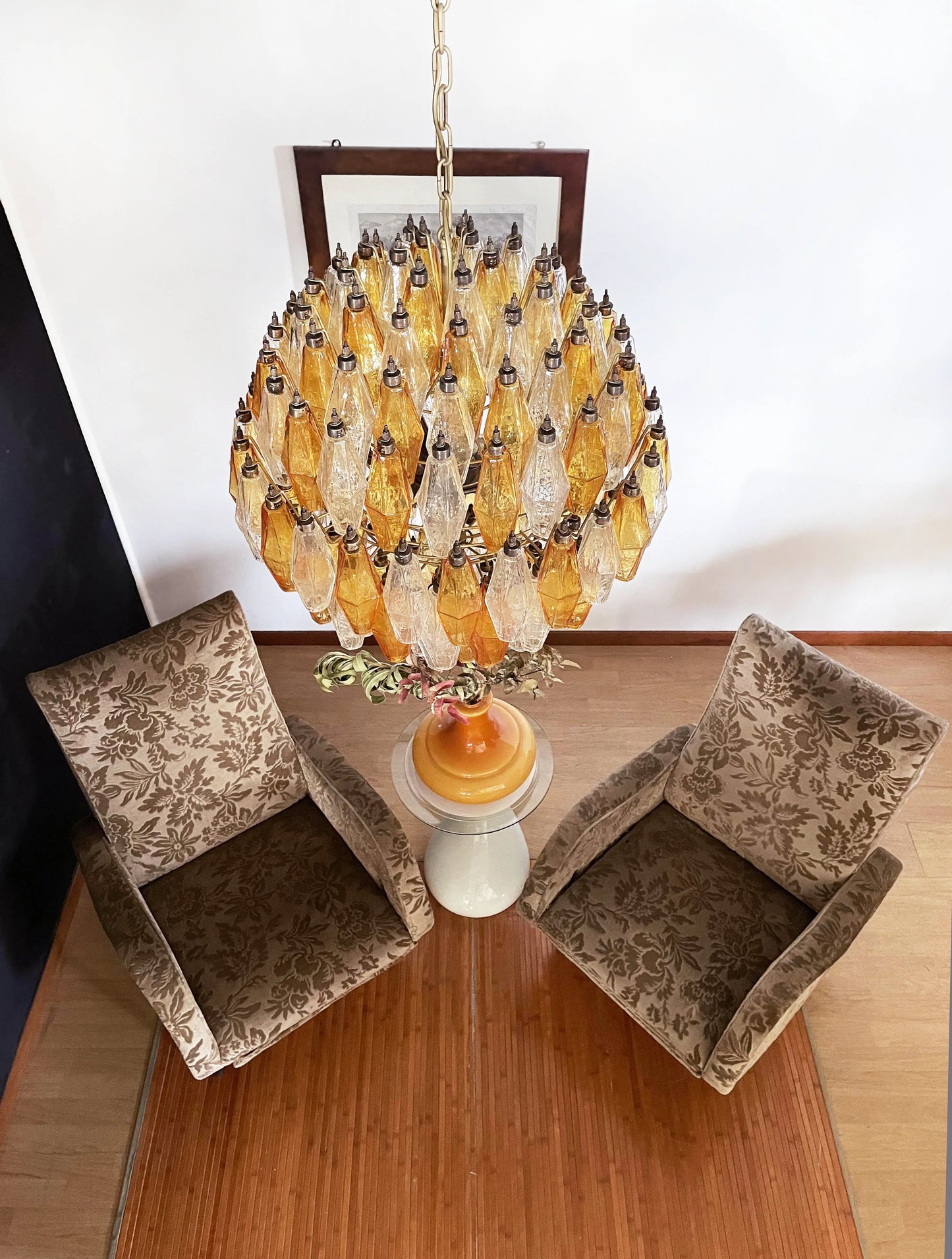 Spherical Murano Poliedri Amber Transparent Glass Chandelier - Nuvé