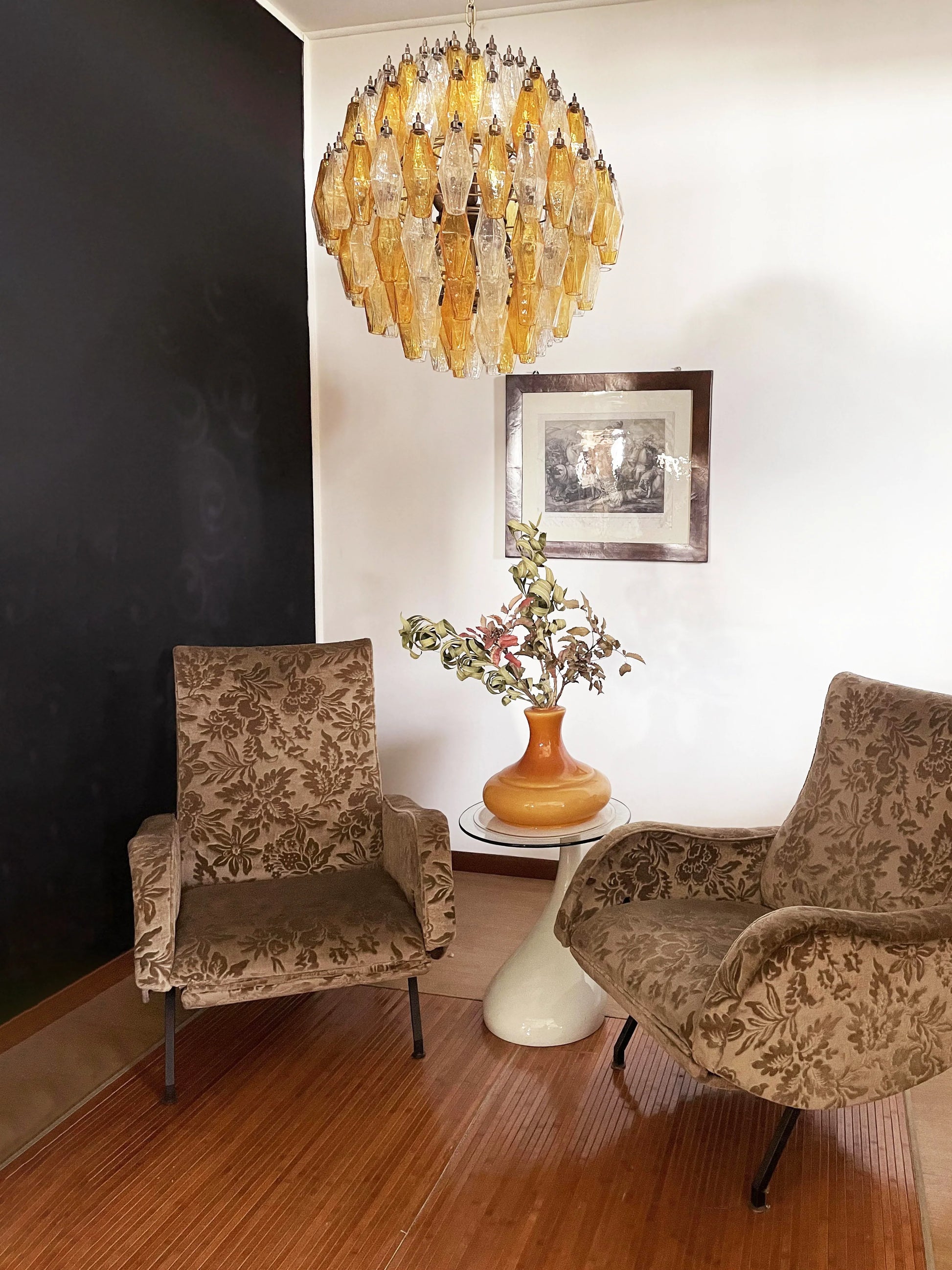 Spherical Murano Poliedri Amber Transparent Glass Chandelier - Nuvé