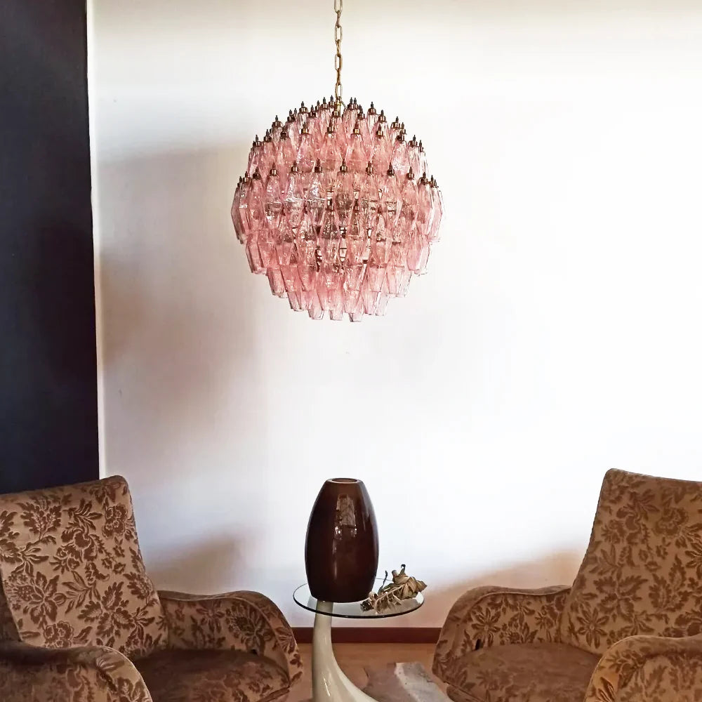 Spherical Murano Poliedri Pink Glass Chandelier - Nuvé