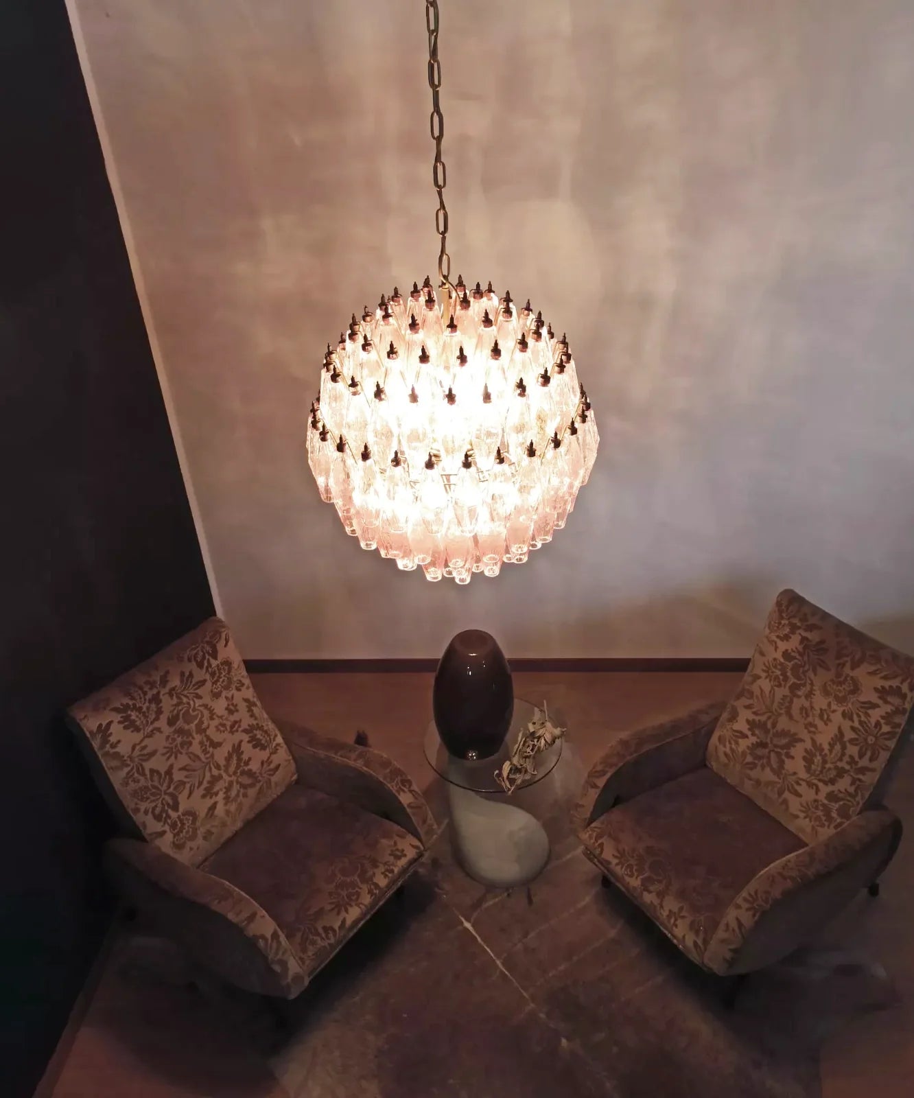 Spherical Murano Poliedri Pink Glass Chandelier - Nuvé